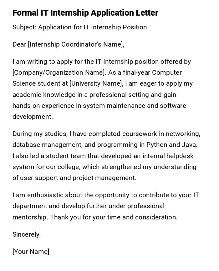 Formal IT Internship Application Letter Formal IT Internship Application Letter
