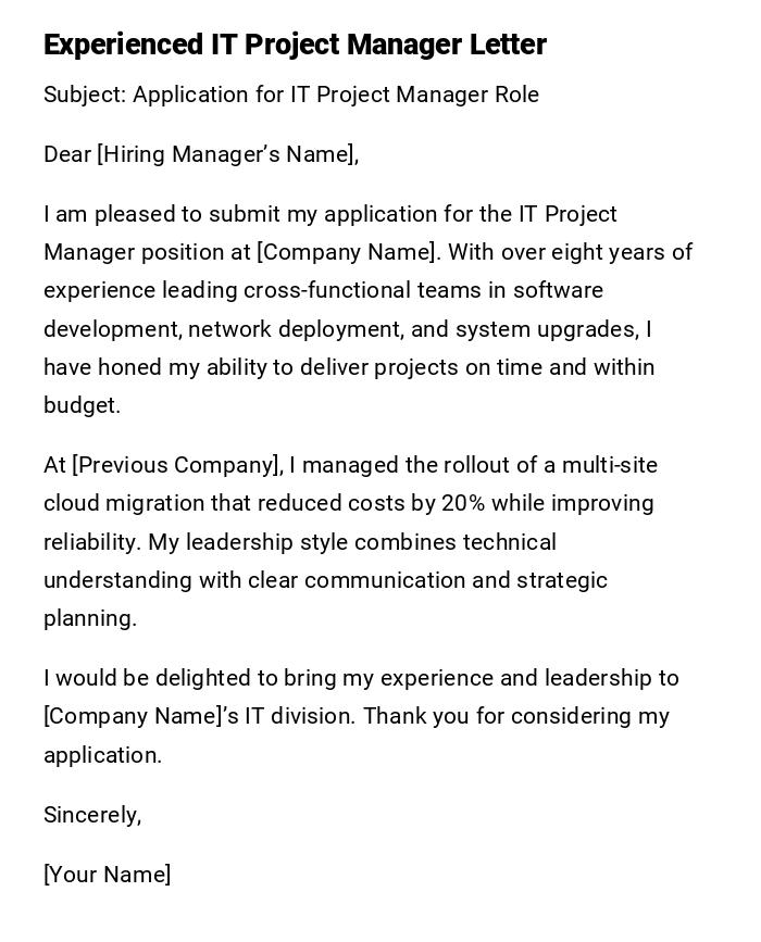 Experienced IT Project Manager Letter Experienced IT Project Manager Letter