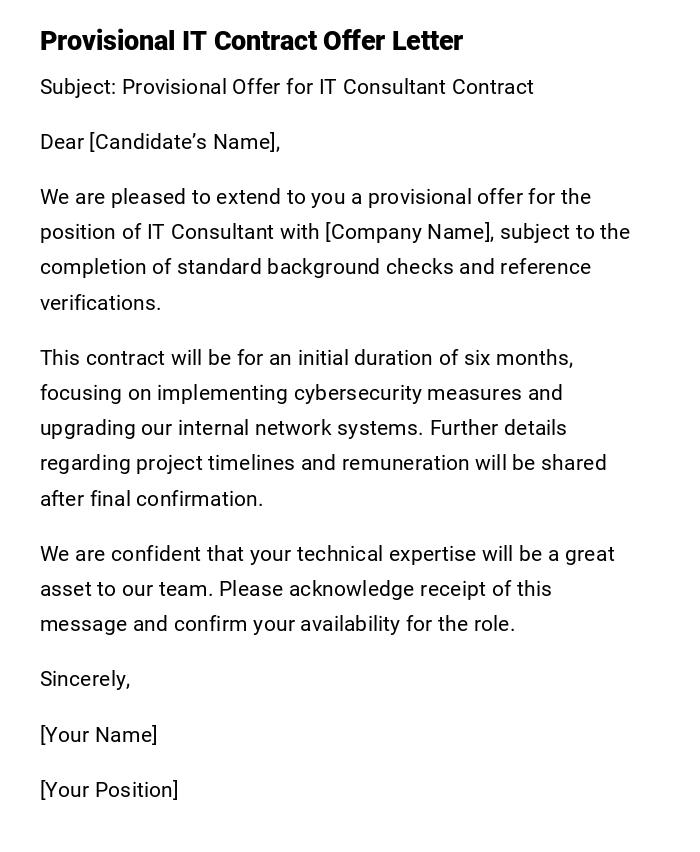 Provisional IT Contract Offer Letter Provisional IT Contract Offer Letter