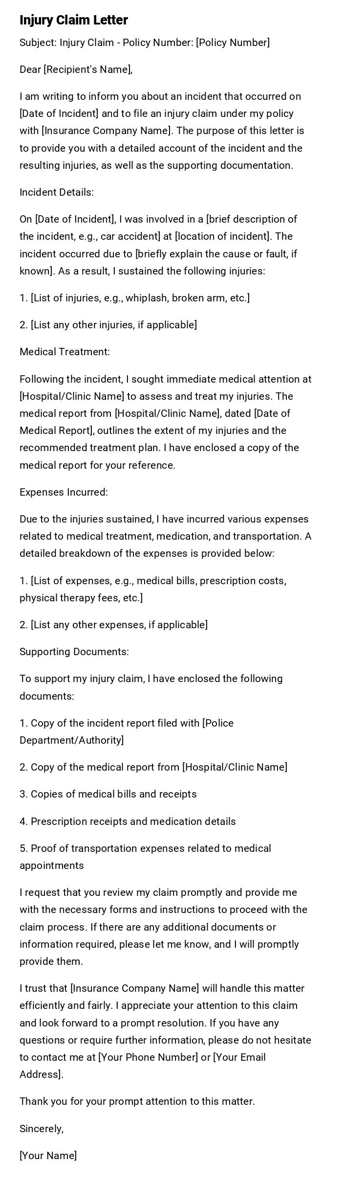 Injury Claim Letter