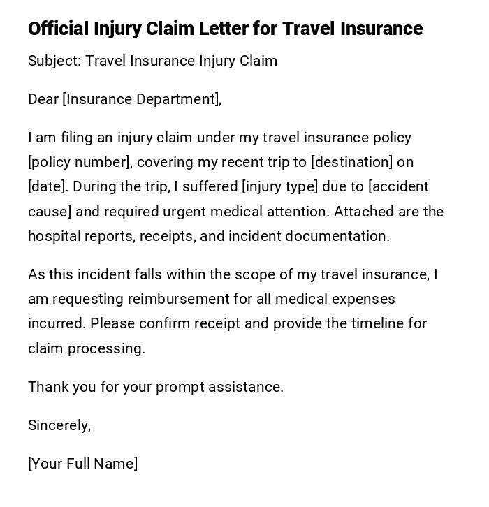 Official Injury Claim Letter for Travel Insurance