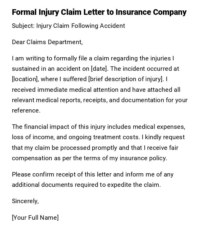 Formal Injury Claim Letter to Insurance Company