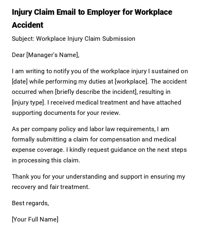 Injury Claim Email to Employer for Workplace Accident