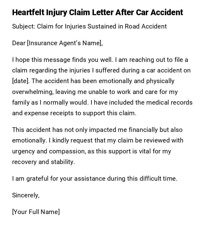 Heartfelt Injury Claim Letter After Car Accident