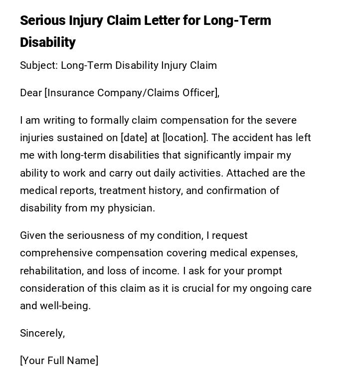 Serious Injury Claim Letter for Long-Term Disability