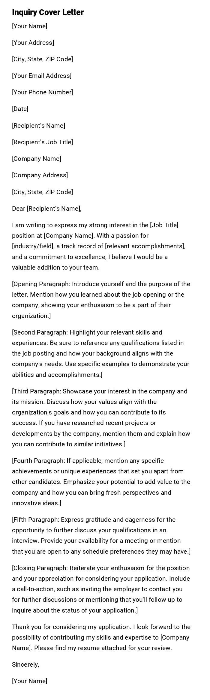 Inquiry Cover Letter Inquiry Cover Letter