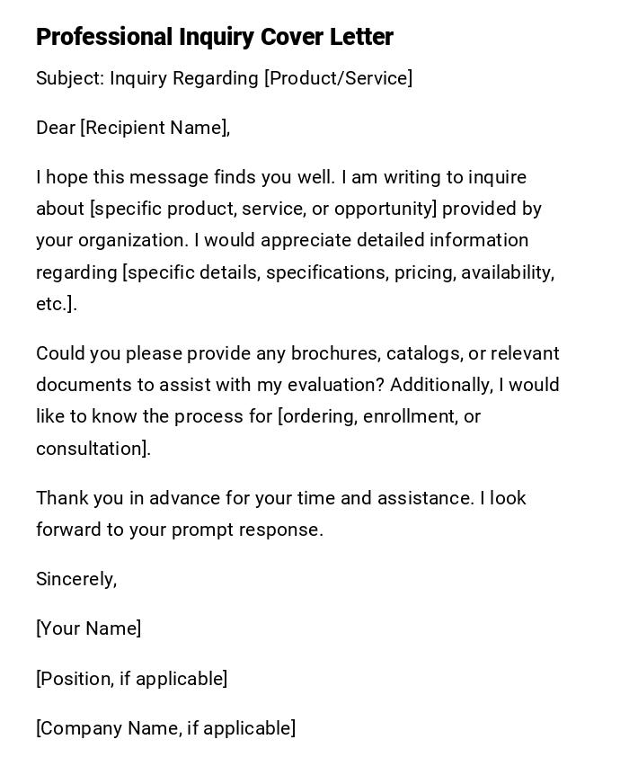 Professional Inquiry Cover Letter Professional Inquiry Cover Letter