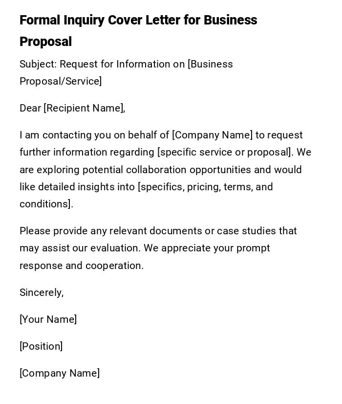 Formal Inquiry Cover Letter for Business Proposal Formal Inquiry Cover Letter for Business Proposal