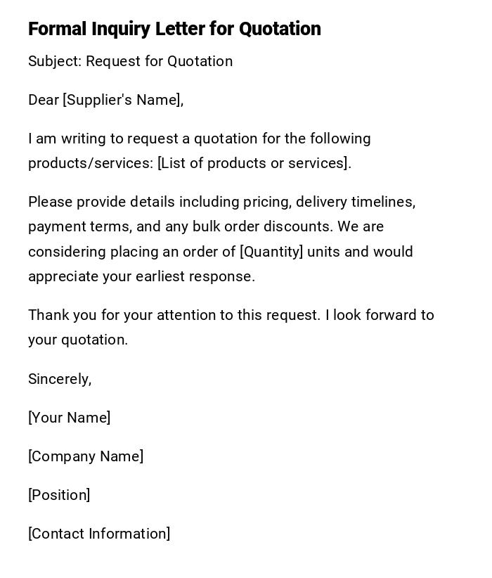 Formal Inquiry Letter for Quotation