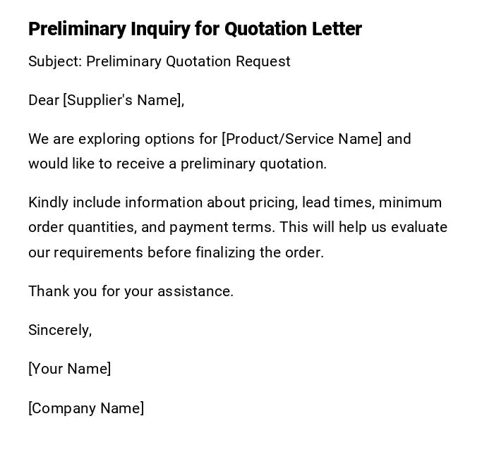 Preliminary Inquiry for Quotation Letter