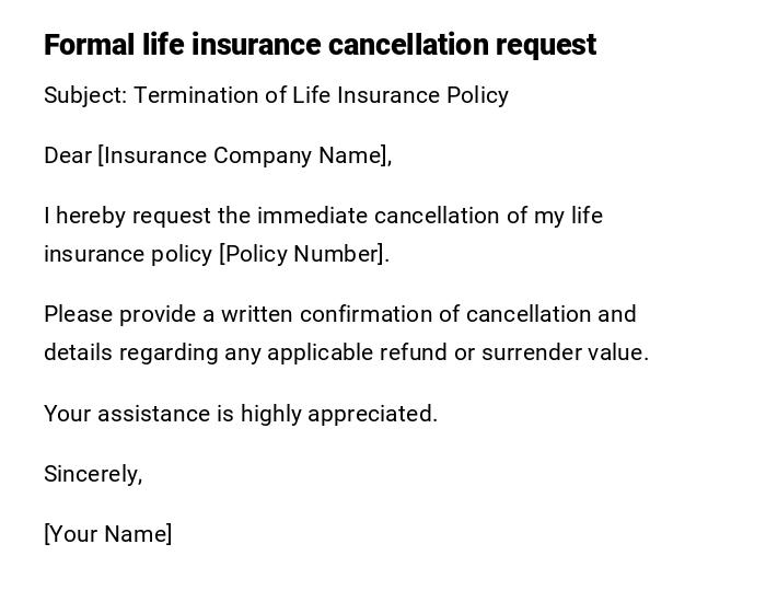 Formal life insurance cancellation request