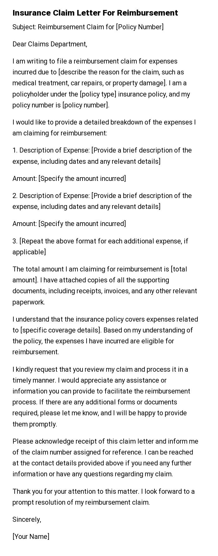 Insurance Claim Letter For Reimbursement