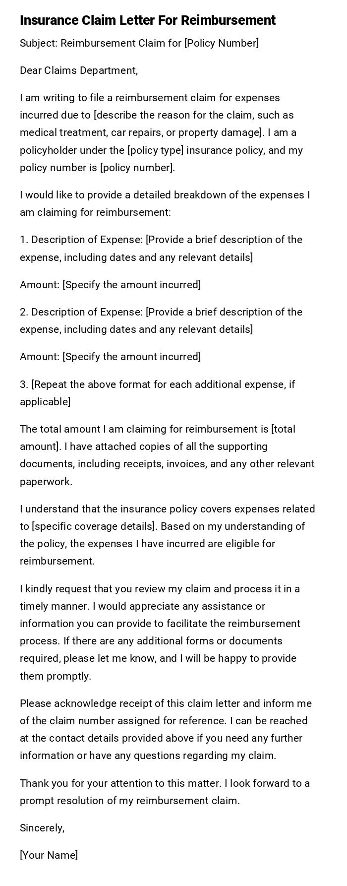 Insurance Claim Letter For Reimbursement