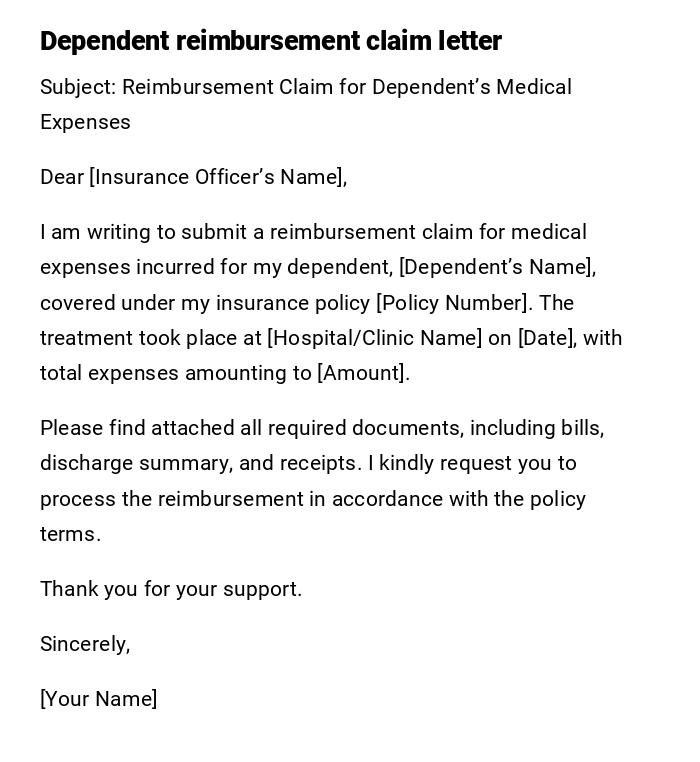 Dependent reimbursement claim letter