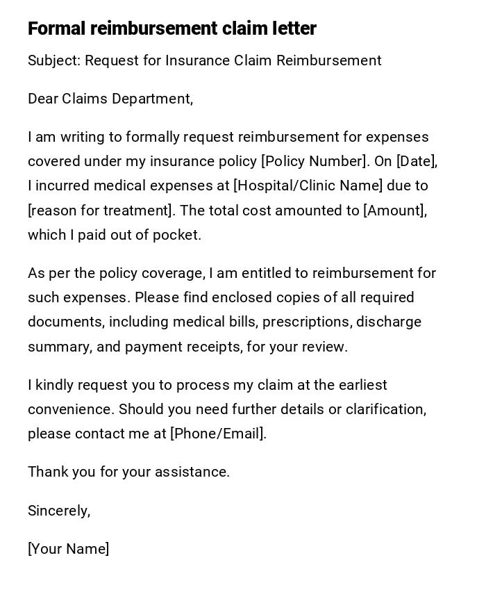 Formal reimbursement claim letter