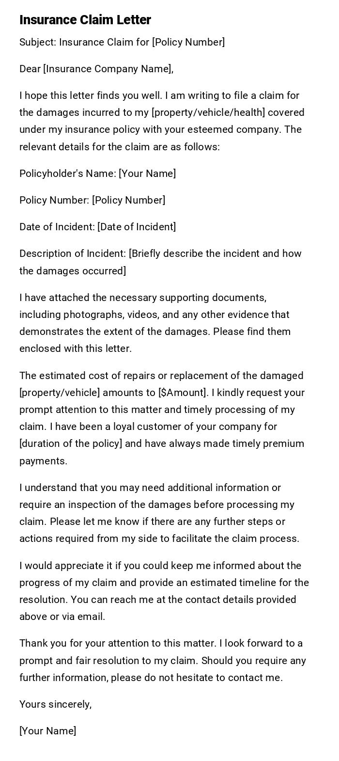 Insurance Claim Letter