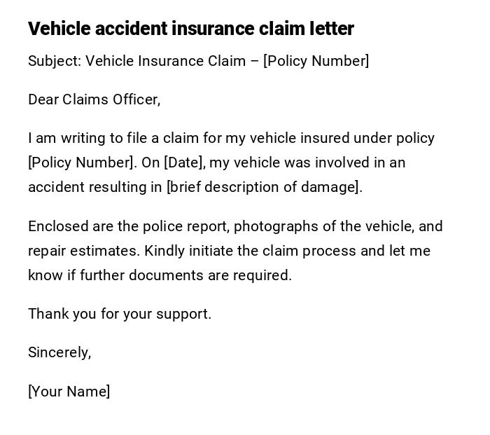 Vehicle accident insurance claim letter Vehicle accident insurance claim letter