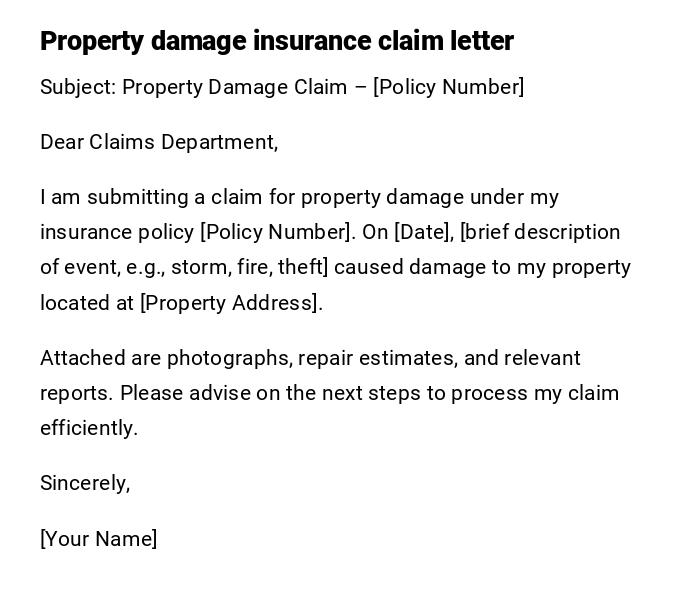 Property damage insurance claim letter Property damage insurance claim letter
