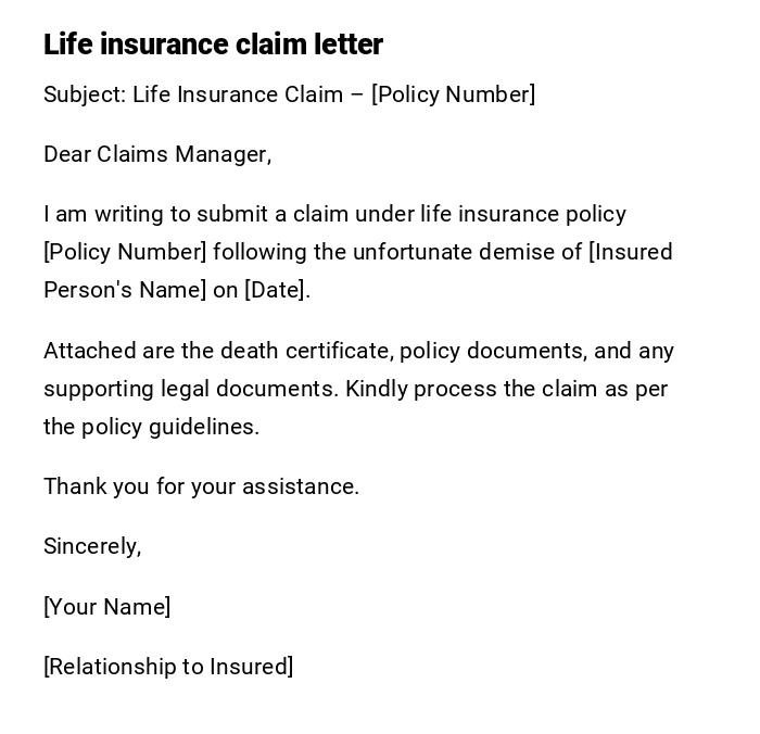 Life insurance claim letter Life insurance claim letter