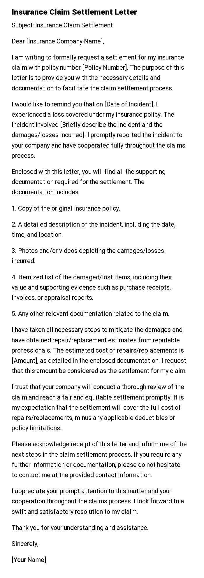 Insurance Claim Settlement Letter