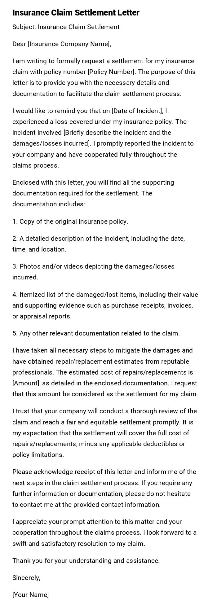 Insurance Claim Settlement Letter