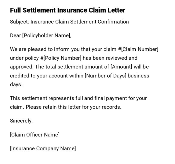 Full Settlement Insurance Claim Letter Full Settlement Insurance Claim Letter