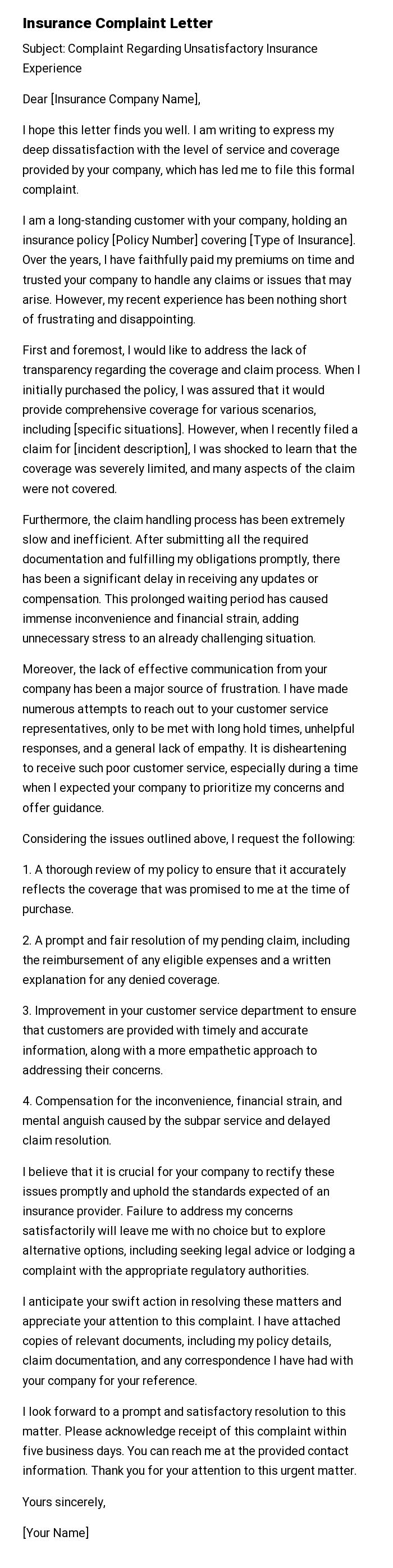 Insurance Complaint Letter