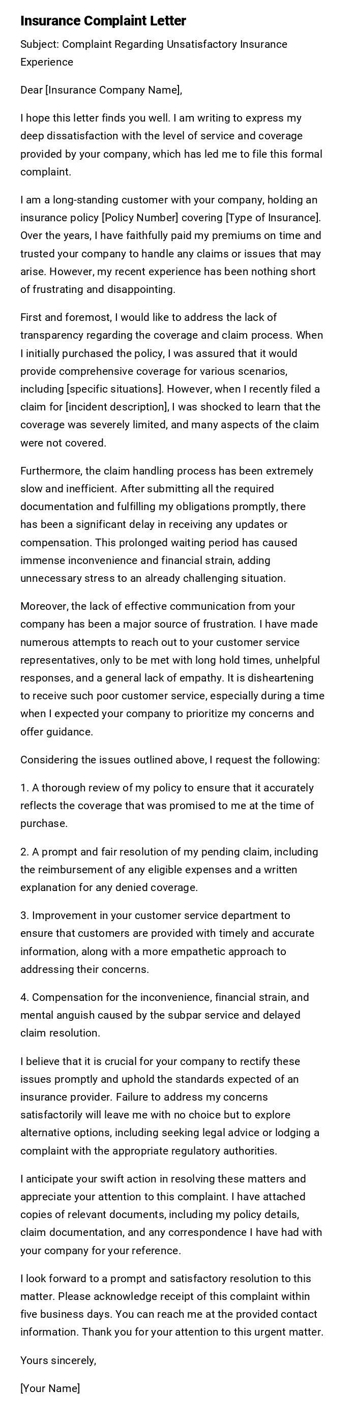 Insurance Complaint Letter