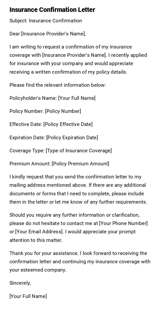 Insurance Confirmation Letter