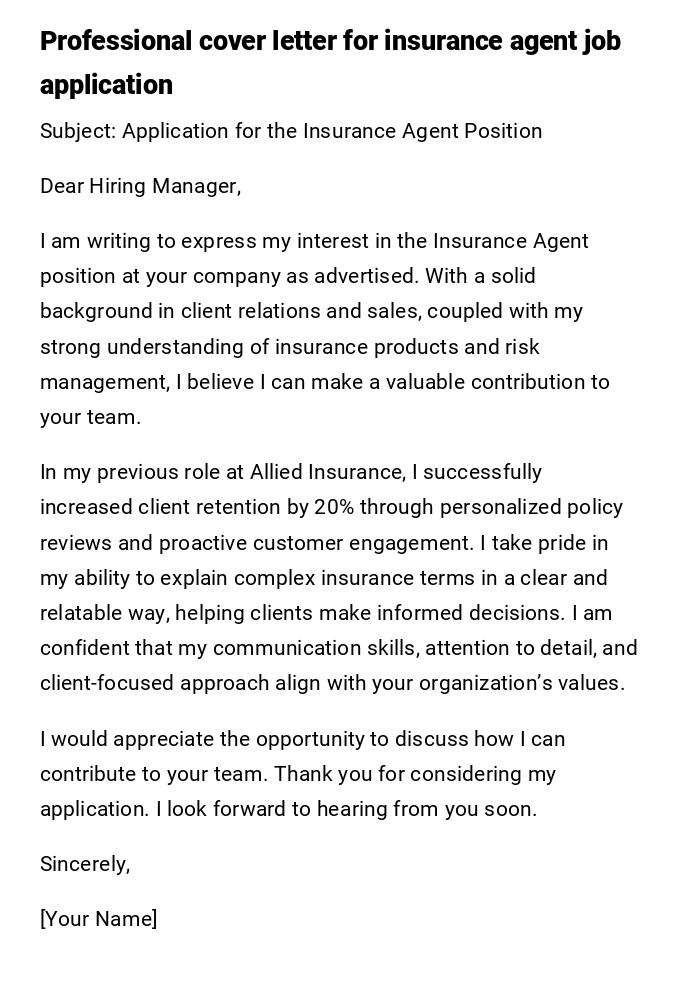 Professional cover letter for insurance agent job application Professional cover letter for insurance agent job application