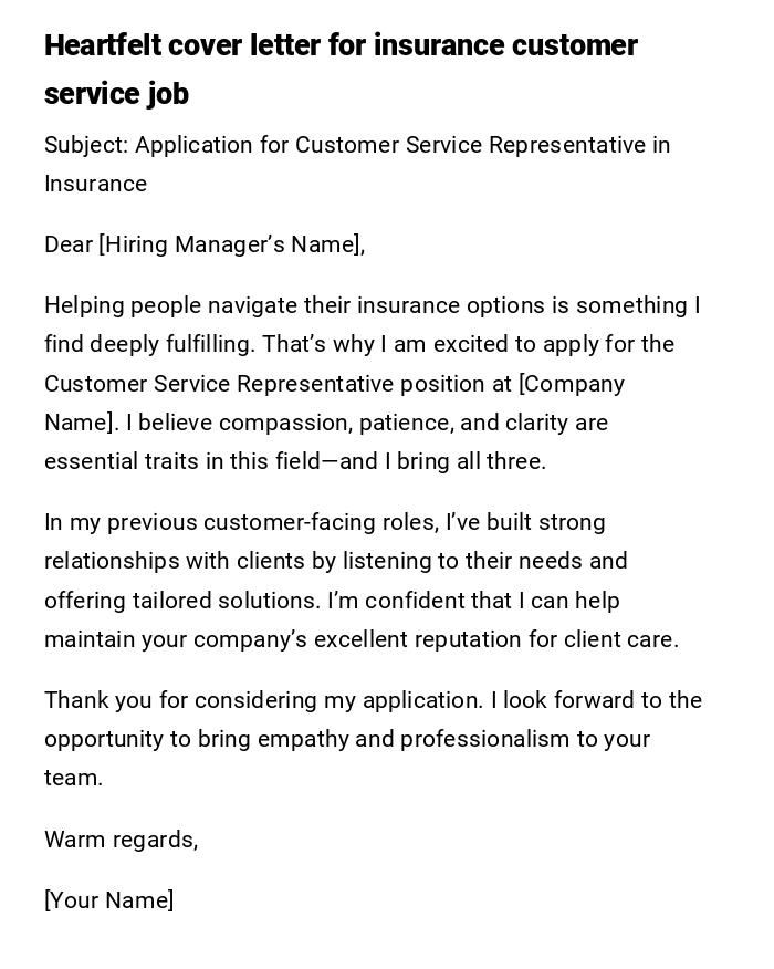 Heartfelt cover letter for insurance customer service job Heartfelt cover letter for insurance customer service job