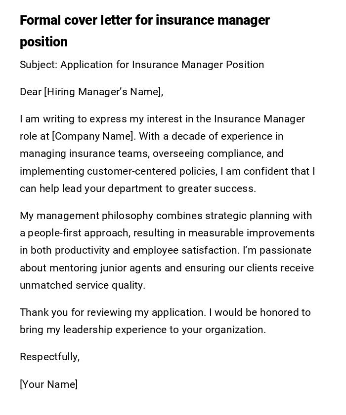 Formal cover letter for insurance manager position Formal cover letter for insurance manager position