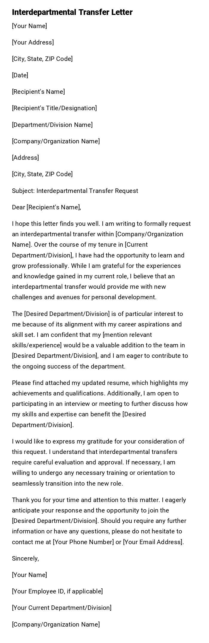 Interdepartmental Transfer Letter