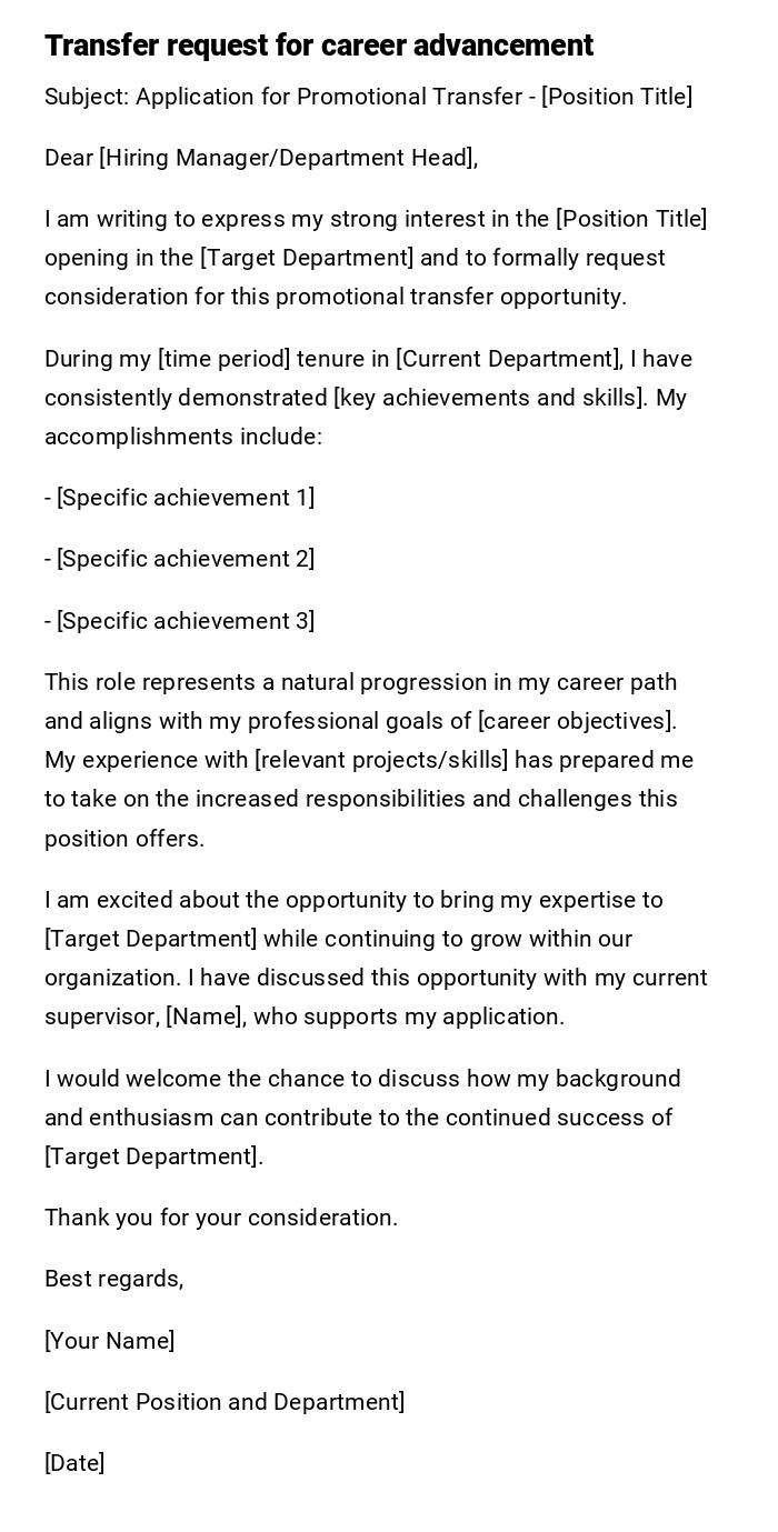 Transfer request for career advancement Transfer request for career advancement