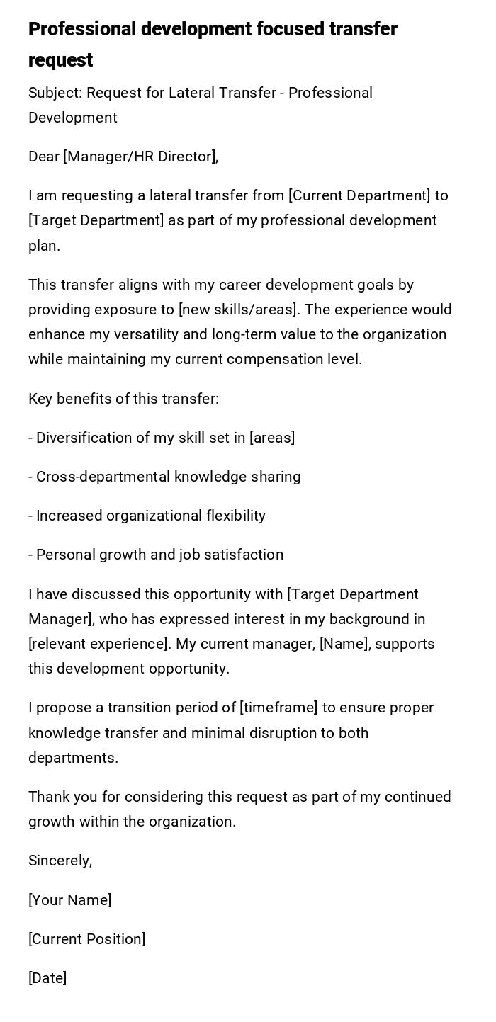 Professional development focused transfer request Professional development focused transfer request
