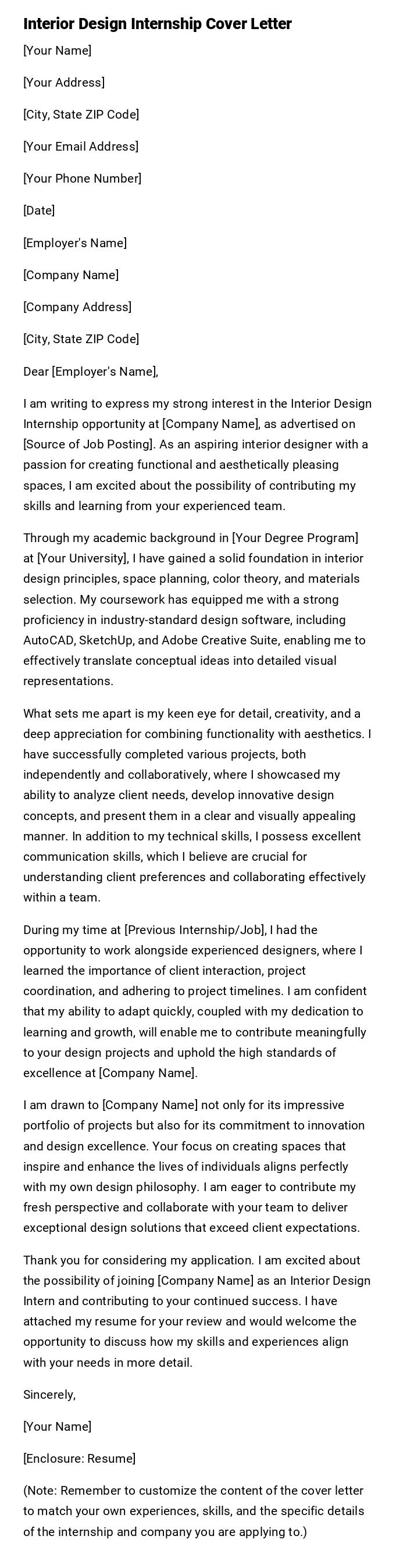 Interior Design Internship Cover Letter Interior Design Internship Cover Letter