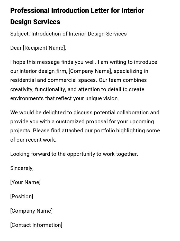Professional Introduction Letter for Interior Design Services Professional Introduction Letter for Interior Design Services