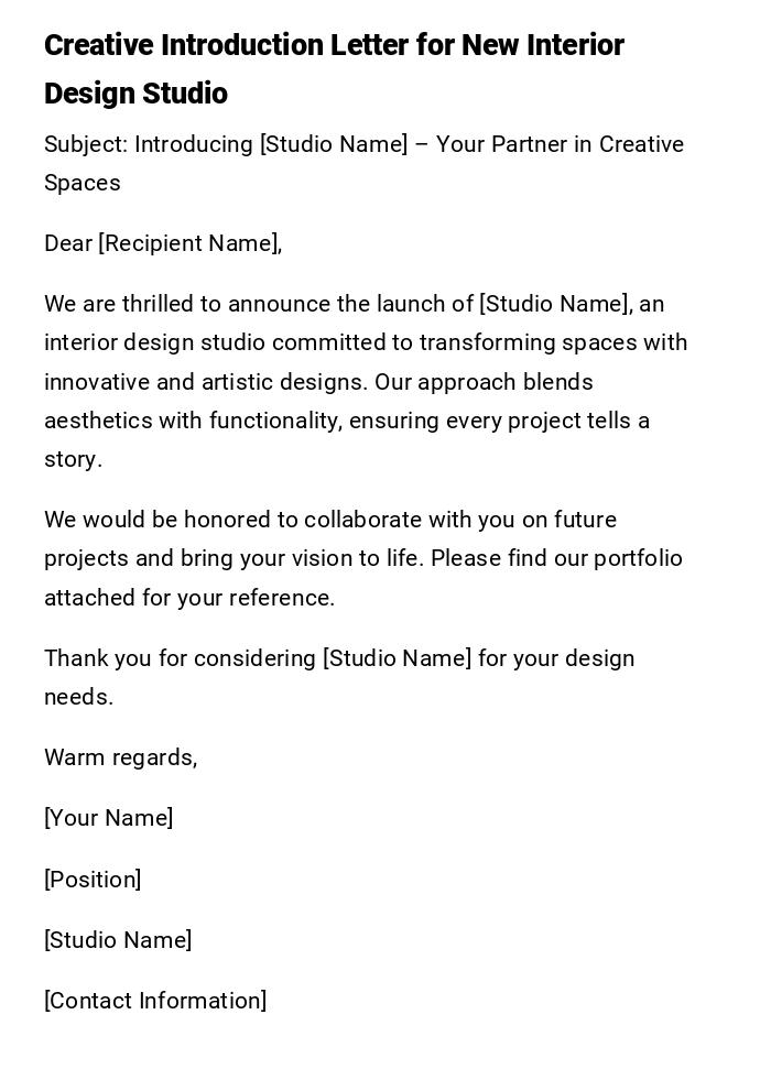 Creative Introduction Letter for New Interior Design Studio Creative Introduction Letter for New Interior Design Studio