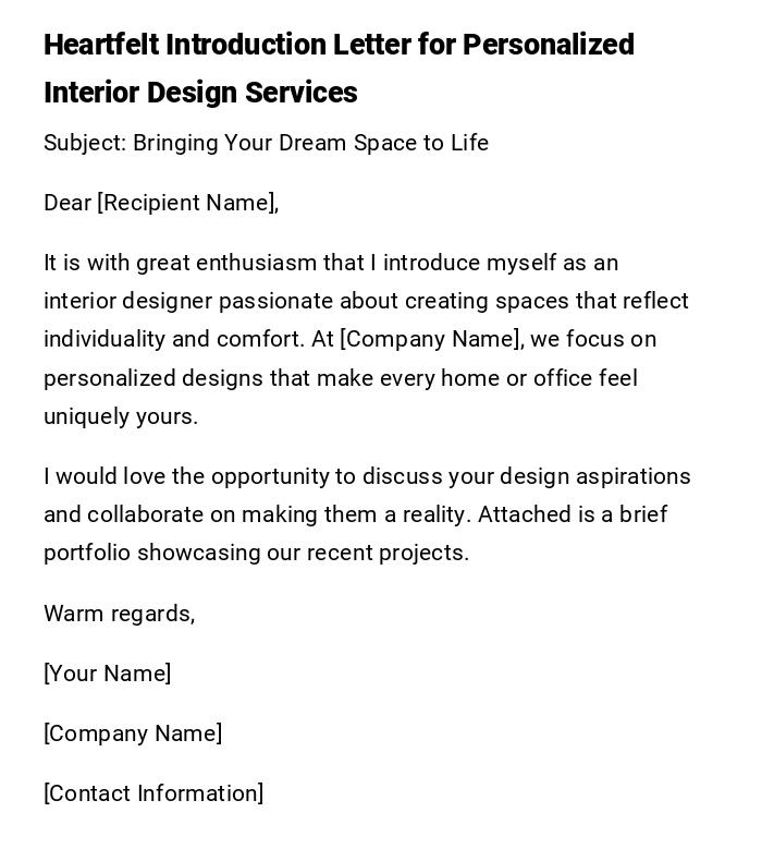 Heartfelt Introduction Letter for Personalized Interior Design Services Heartfelt Introduction Letter for Personalized Interior Design Services