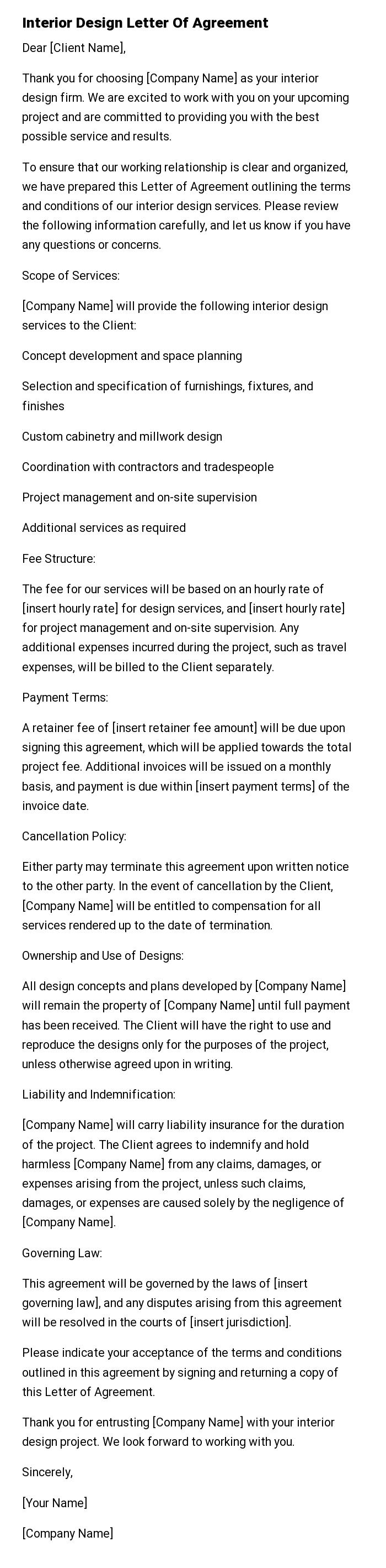 Interior Design Letter Of Agreement