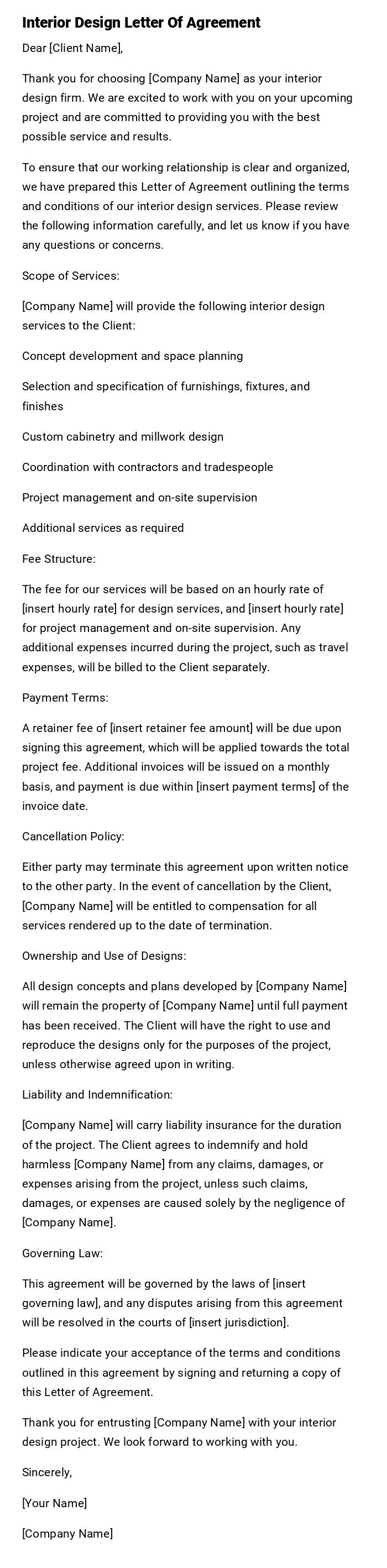 Interior Design Letter Of Agreement