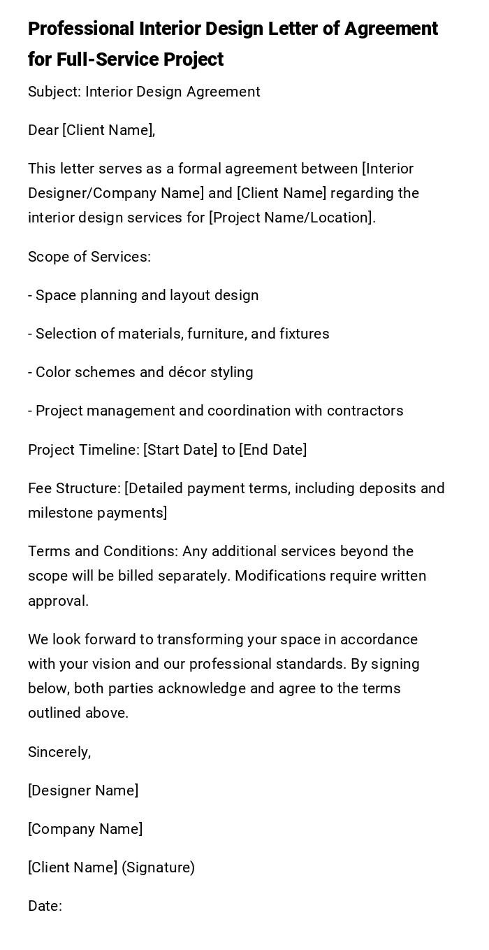 Professional Interior Design Letter of Agreement for Full-Service Project