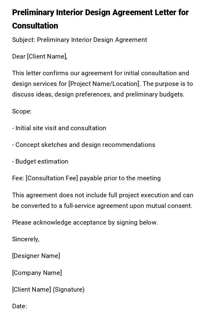Preliminary Interior Design Agreement Letter for Consultation