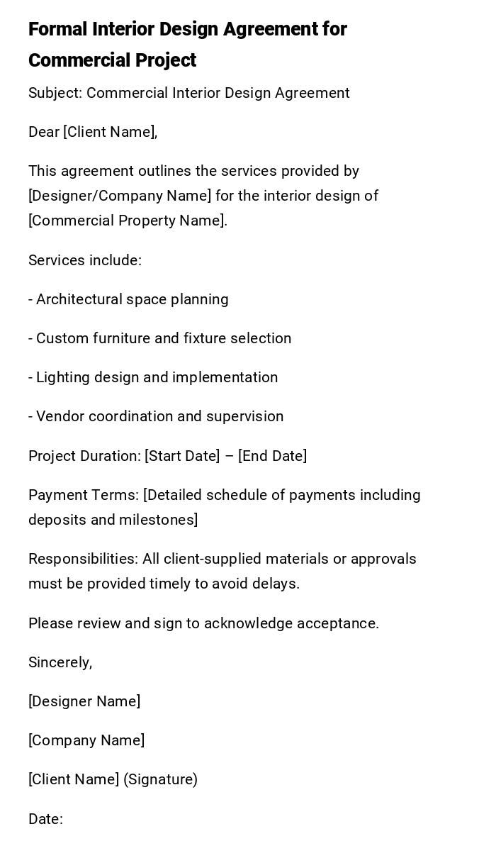 Formal Interior Design Agreement for Commercial Project