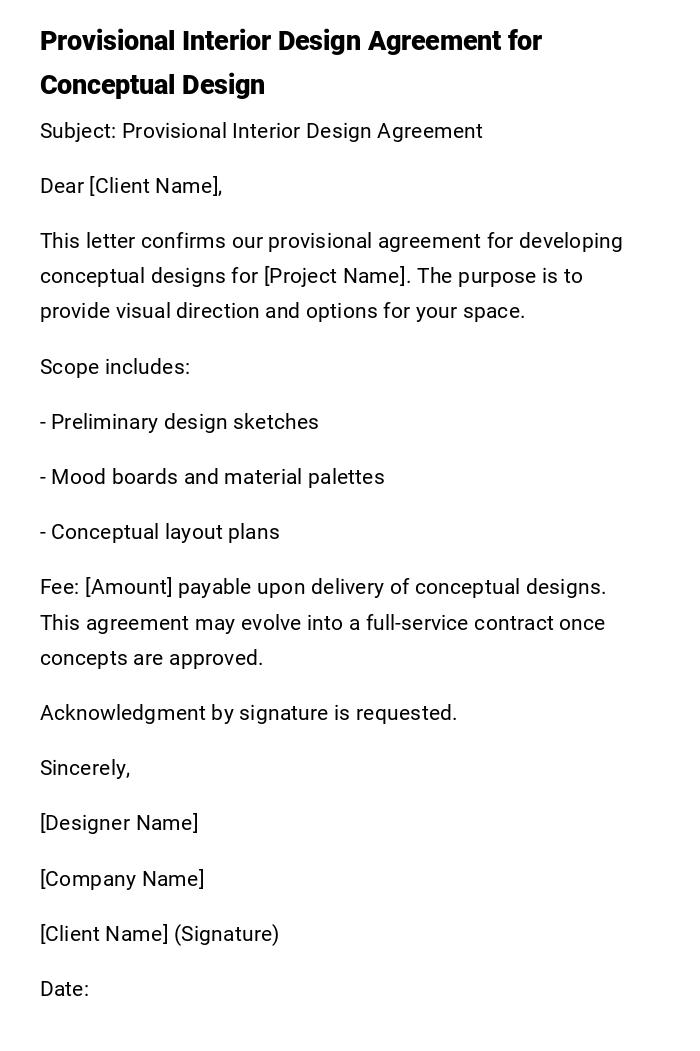 Provisional Interior Design Agreement for Conceptual Design