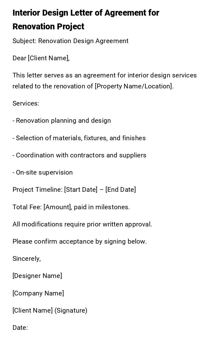Interior Design Letter of Agreement for Renovation Project