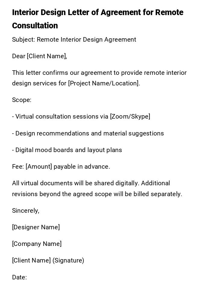 Interior Design Letter of Agreement for Remote Consultation