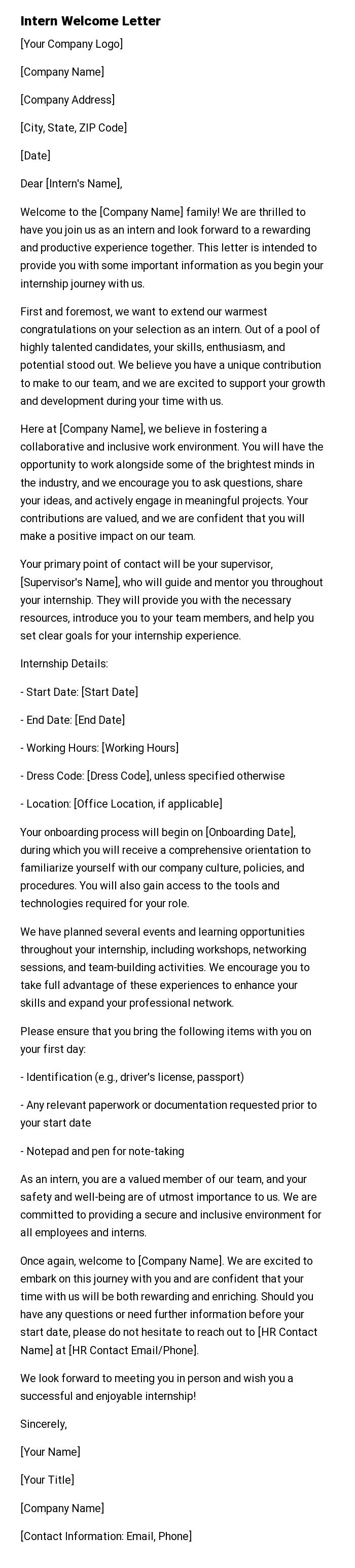 Intern Welcome Letter
