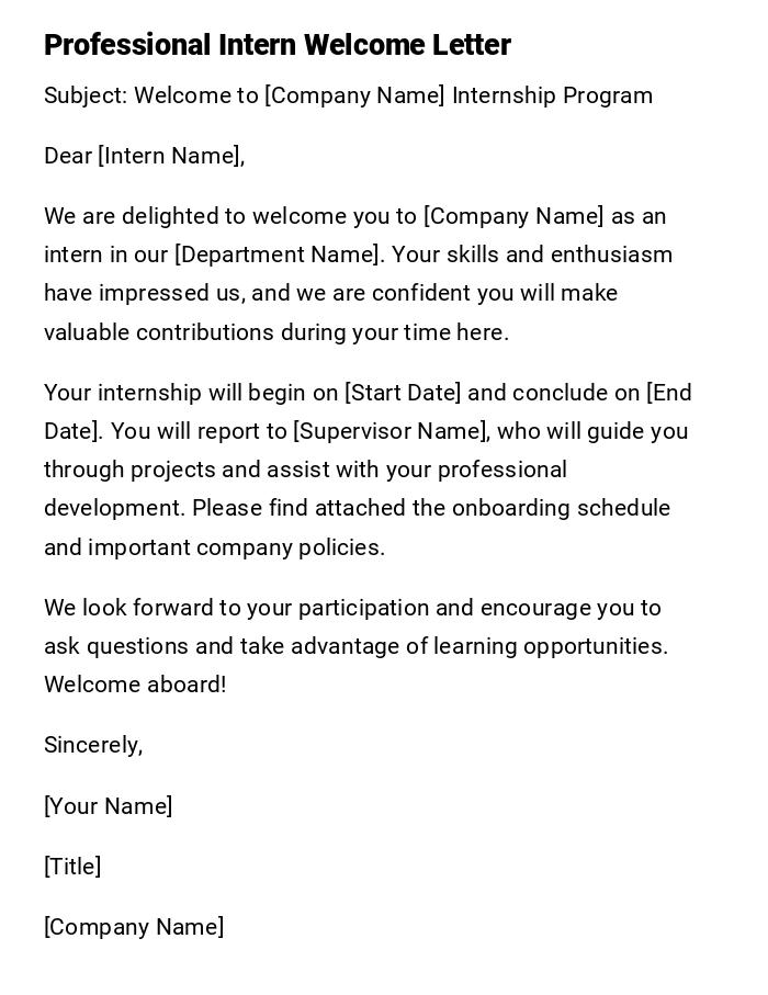 Professional Intern Welcome Letter Professional Intern Welcome Letter