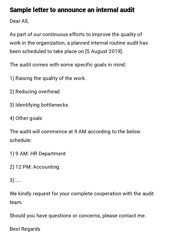 Sample letter to announce an internal audit